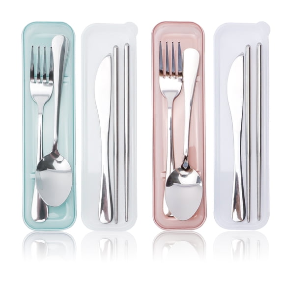 TIE-DailyNec 2 Sets Travel Silverware Set with Case, Portable Reusable Cutlery with Fork Spoon Knife Chopsticks for Work Picnic Camping (Blue & Red)
