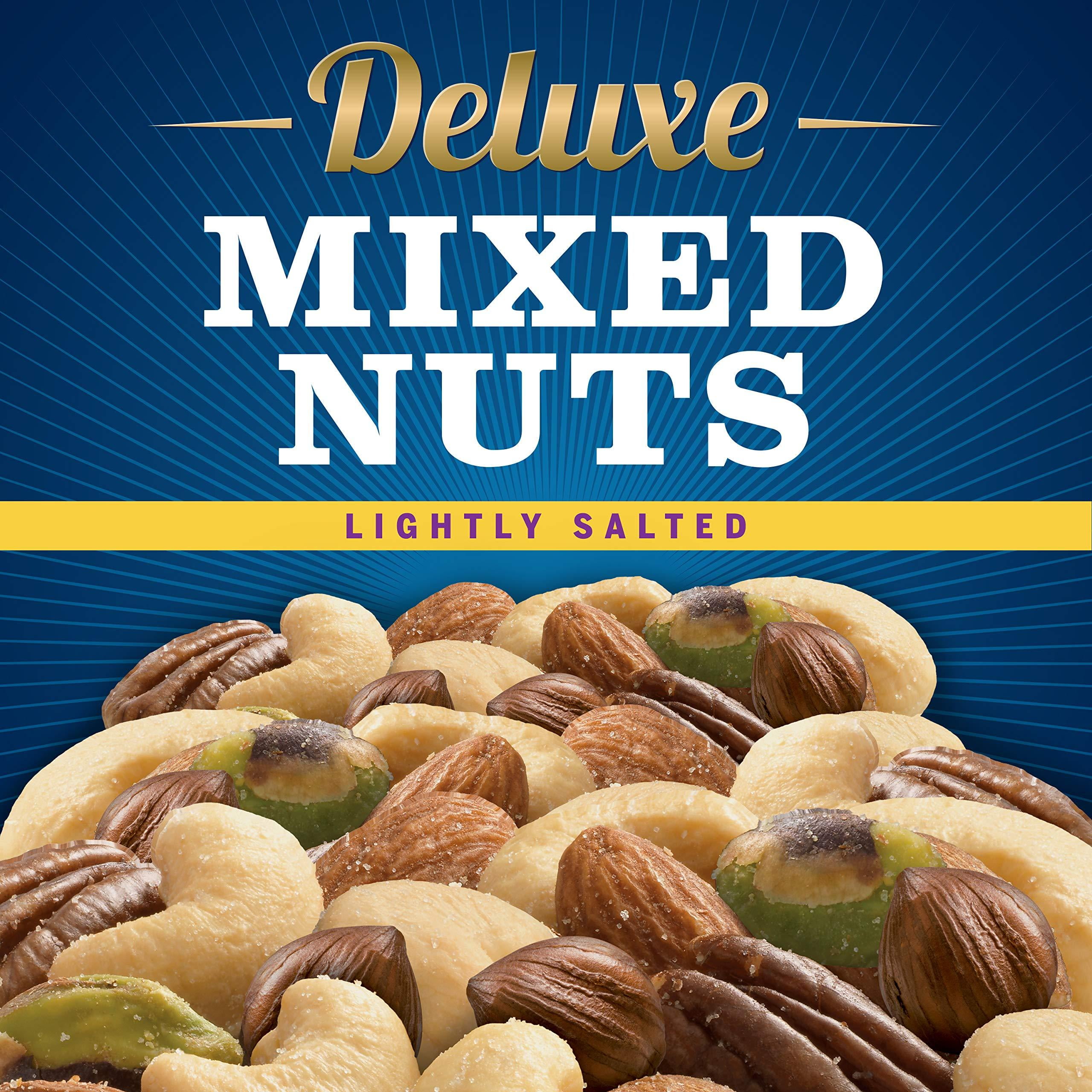 PLANTERS Deluxe Lightly Salted Mixed Nuts, 15.25 oz. Resealable Container -  Reduced Sodium Mixed Nuts with Cashews, Almonds, Hazelnuts, Pistachios &  Pecans - Vegan Snacks, Kosher 15.25 Ounce (Pack of 