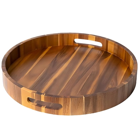 Round Wooden Tray with Handles, 12 Inches Wooden Serving Tray, Circular Serving Platter, Wood Fruit Beverage Tea Bread Snack Plate, Decorative Multi-Functional Storage Tray for Home Cafe Restaurant
