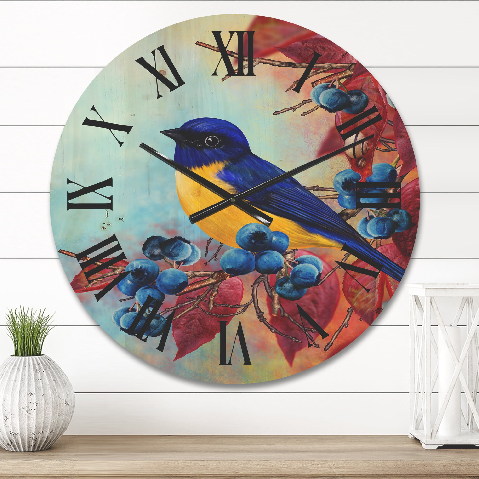 Designart 'Bright Bird Bullfinch Sitting On A Branch of Berries I' Traditional Wood Wall Clock