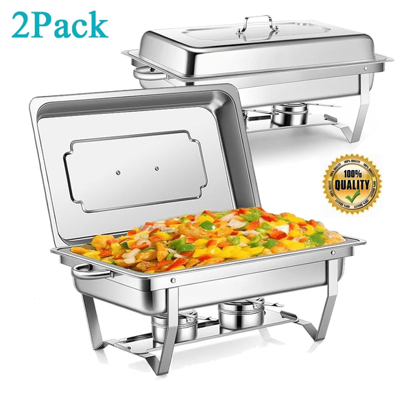 2-Pack Chafing Dish Buffet Set, 9Qt Foldable Rectangular Chafer Set, Stainless Steel Catering Warmer Set W/Full Size Water Pan, Food Pan, Fuel Holder for Cooked Food Insulation