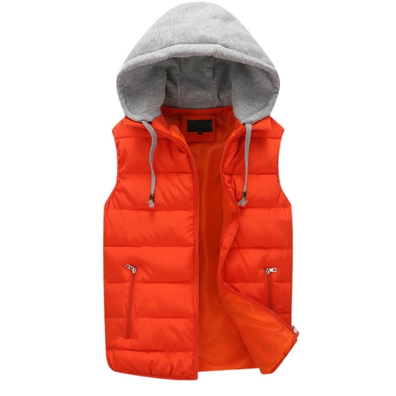 Dresfit Mens Quilted Jacket Hooded Zip Up Puffer Vest Sleeveless Thick Padded Winter Outerwear Cotton Big and Tall Plus Size Coat with Pockets Saffron 2XL