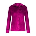 thumbnail image 3 of Women's Velvet Button Up Shirts Long Sleeve Lapel V Neck Slim Tunic Tops Front Pocket Solid Comfy Blouses Hot Pink,M, 3 of 5
