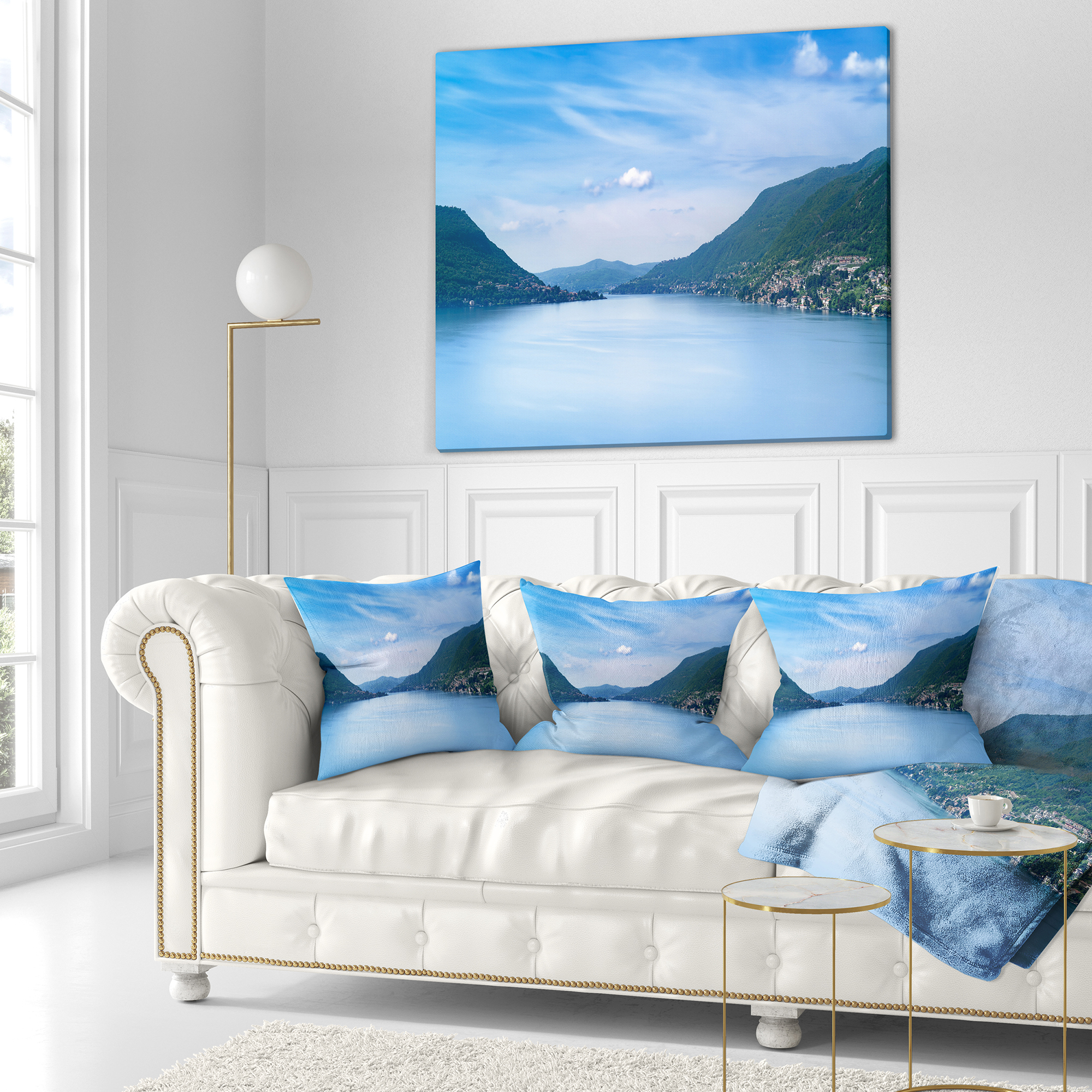 Designart Blue Como Lake Landscape - Photography Throw Pillow - 16x16