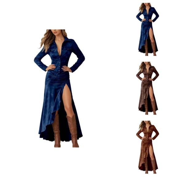 Western Cowgirl Dress for Women Long Sleeve Button Down Collared Ruched Waist High Low Slit Flowy Maxi Dresses