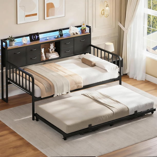 Cama Sofa Individual de Metal con Trundle Ajustable (Plegable con Ruedas), Cabecera con Almacenamiento, Luz LED, Estación de Carga, Cama Sofa para Sala/Dormitorio/ (196 * 112.5 * 107cm) (Negro)