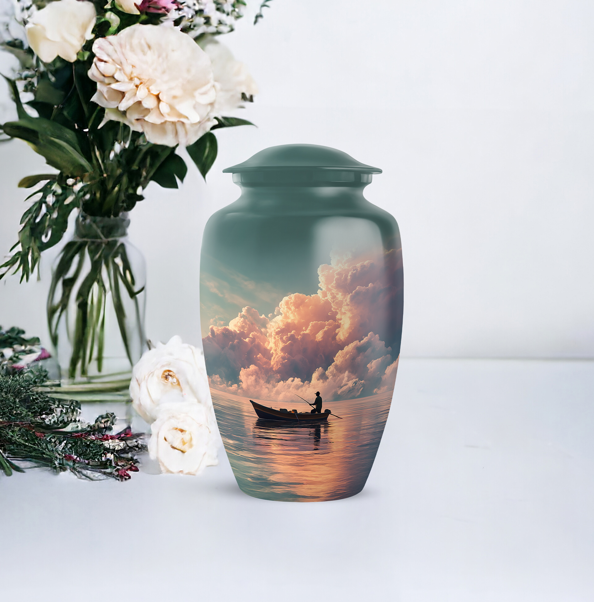Fishing Man And Women's Urns For Human Ashes Adult - 1 Large Urn For Ashes For Women & Men - Blue Cremation Urn For Mothers Ash - Cloud Memorial Urns For Burial 10 Inch, 4 Keepsake Set