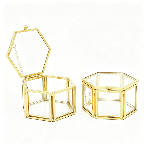 DESIGNICE Glass Jewelry Box Small Gold Hexagonal Decorative Box Ring Earring Display Keepsake Box Case Box for Storage Glass Box with Lid (Small 2 Pack)