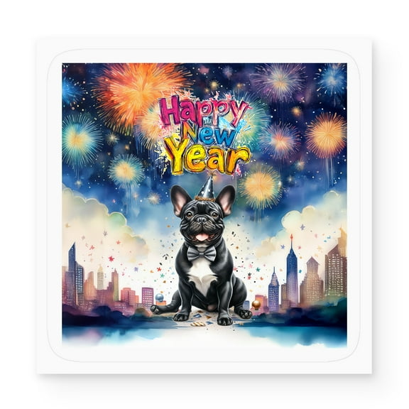 Happy New Year with French Bulldog Fireworks Holiday Xmas Winter 2025 Vinyl Sticker Dog Lover Gifts Waterproof Decal Art Decor - 00025