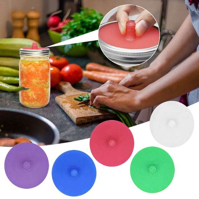 Shiogb Silicone Fermenting Lids, Waterless Airlock Fermentation Mason Jar Lids, Silicone Airlock Lids 5 Pack (Jars & Metal Rings Not Included), Fermentation Kit