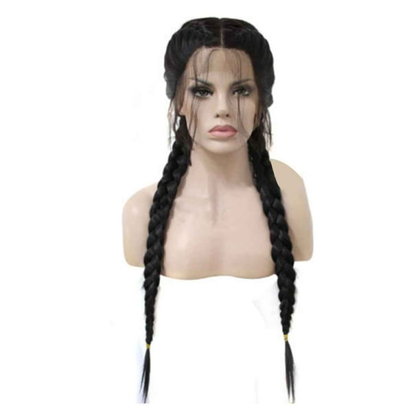 Women Long Double Braids Lace Front Female Hair Braided Black Twist Fiber  Fake Hairpiece Wigs 