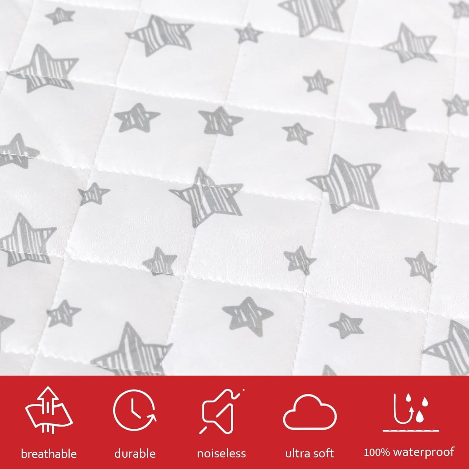 Crib Mattress Protector Waterproof 2 Pack, Quilted Crib Mattress Pad Cover 52" x 28" Extra Soft Breathable Toddler Bed Cover Stretch Up to 8", Grey & White Star