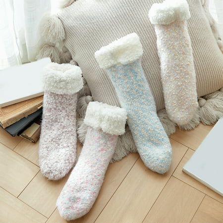 

Xyer 1 Pair Non-Slip Silicone Middle Tube Floor Socks Fleece Lining Solid Color Women Warm Fluffy Socks for Christmas