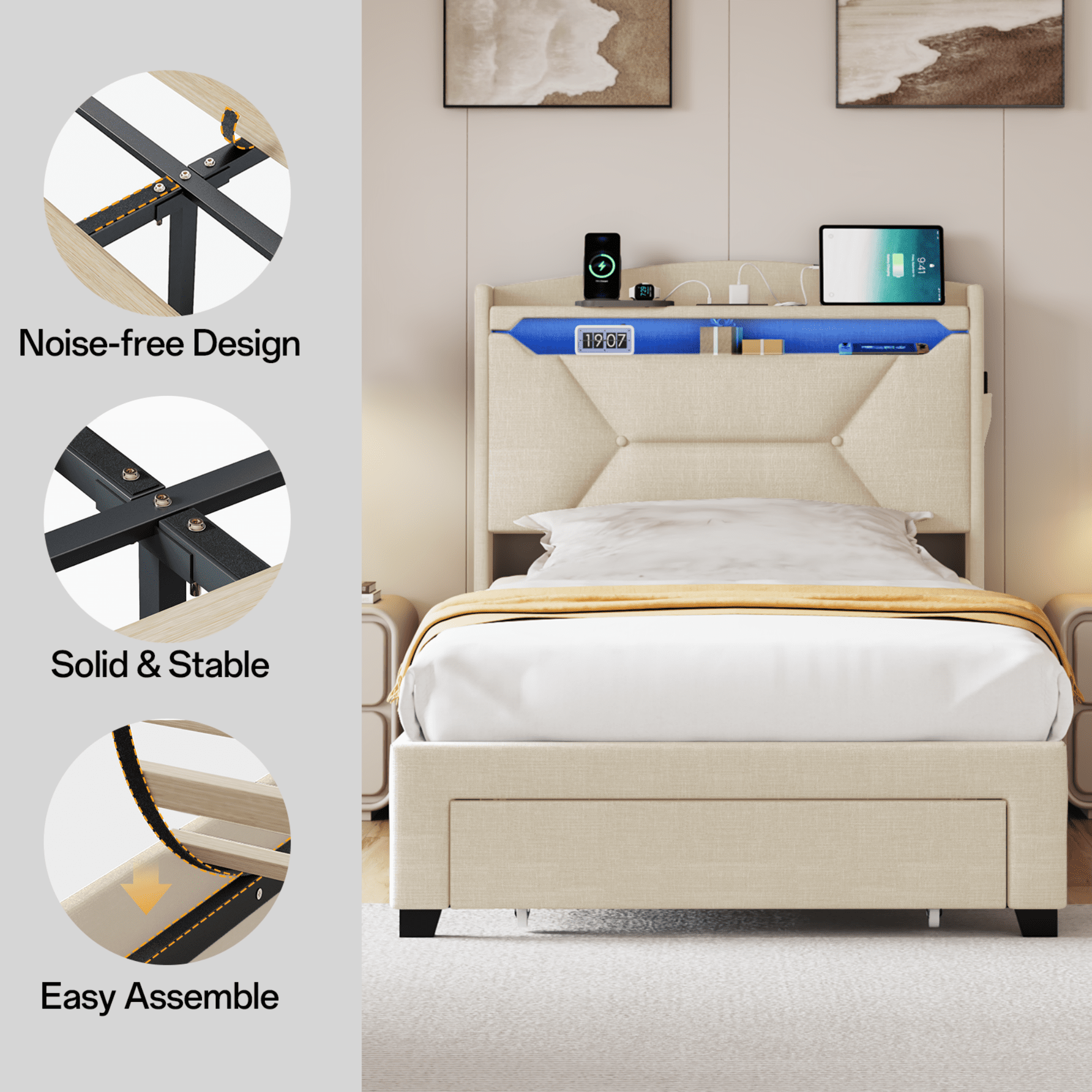 Gewnee Twin Size Upholstered Linen Bed Frame with Storage Headboard, Drawer & Charging Station, No Box Spring Needed,Beige