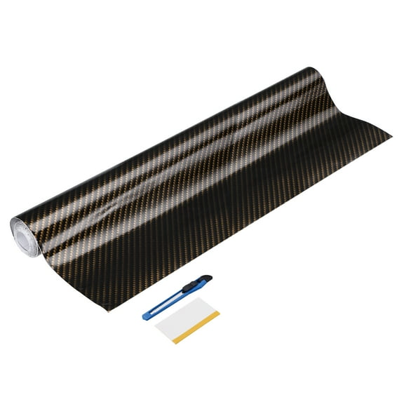 1 Set Carbon Fiber Vinyl Wrap 19.69" x 10ft Self-Adhesive Car Sticker Waterproof Wrap Roll for DIY Decor Automotive Exterior Interior Protection with Scraper Tool, Black Golden