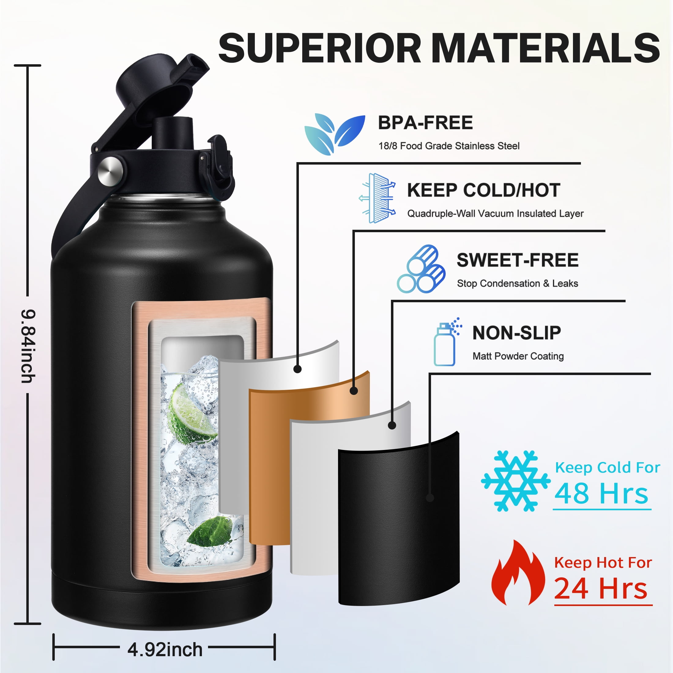 64oz Insulated Water Bottle with Straw & Auto Spout Lids & Paracord Handle,Wide Mouth Stainless Steel Water Bottles 1/2 Gallon Metal Sports Water Jug for Gym Travel Camping