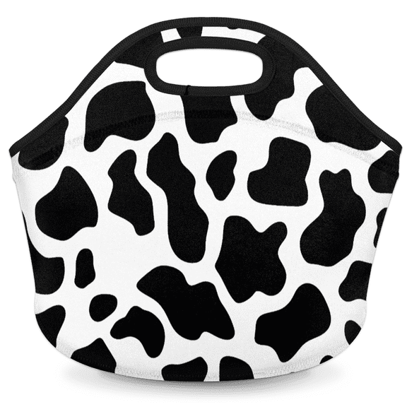 Herdesigns Black White Neoprene Lunch Bag, Fun Cow Print Farm Animal Insulated Lunch Box for Women Men Washable Lunch Tote Soft Lunch Container With Zipper for Work Picnic Travel