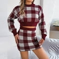 thumbnail image 2 of Annhoo Skirt Sets Women 2 Piece Knit Plaid Sweater Outfits Round Neck Long Sleeve Crop Tops and Mini Skirts Fall Outfits, 2 of 8