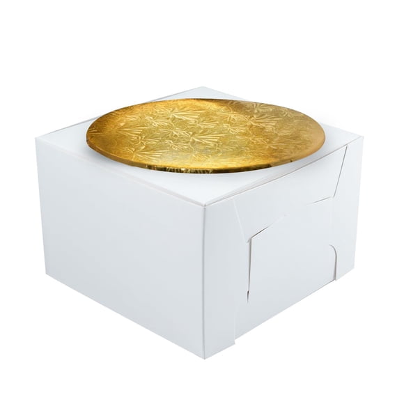 10" Combo Box Set - 10x10x5 1/2 White Cake Box with 10" Gold Round Drum 1/4"