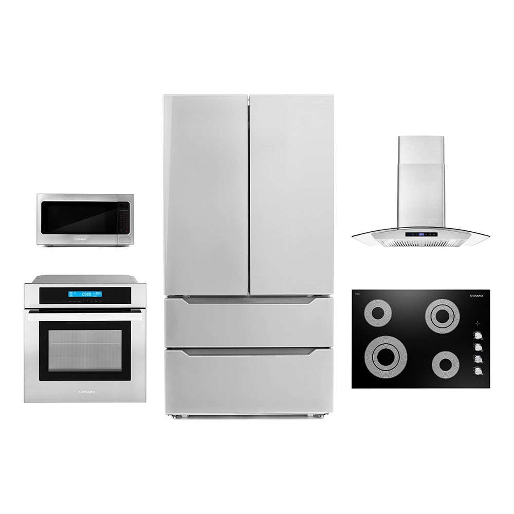 Cosmo 5 Piece Kitchen Appliance Package With 30" Electric Cooktop 30" Wall Mount Range Hood 24" Single Electric Wall Oven 24.4" Countertop Microwave & French Door Refrigerator