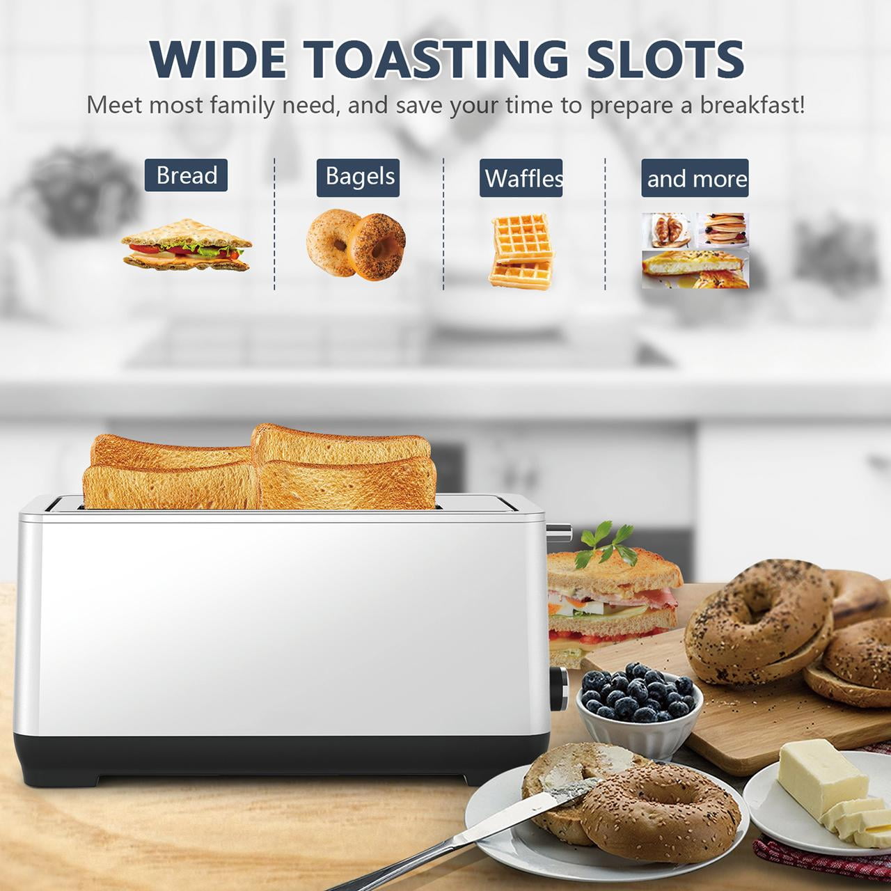 2-slot stainless steel toaster, 1.5-inch wide slot + dual independent control, 6-speed baking color adjustment, support bread/bagel size 37×15×19cm