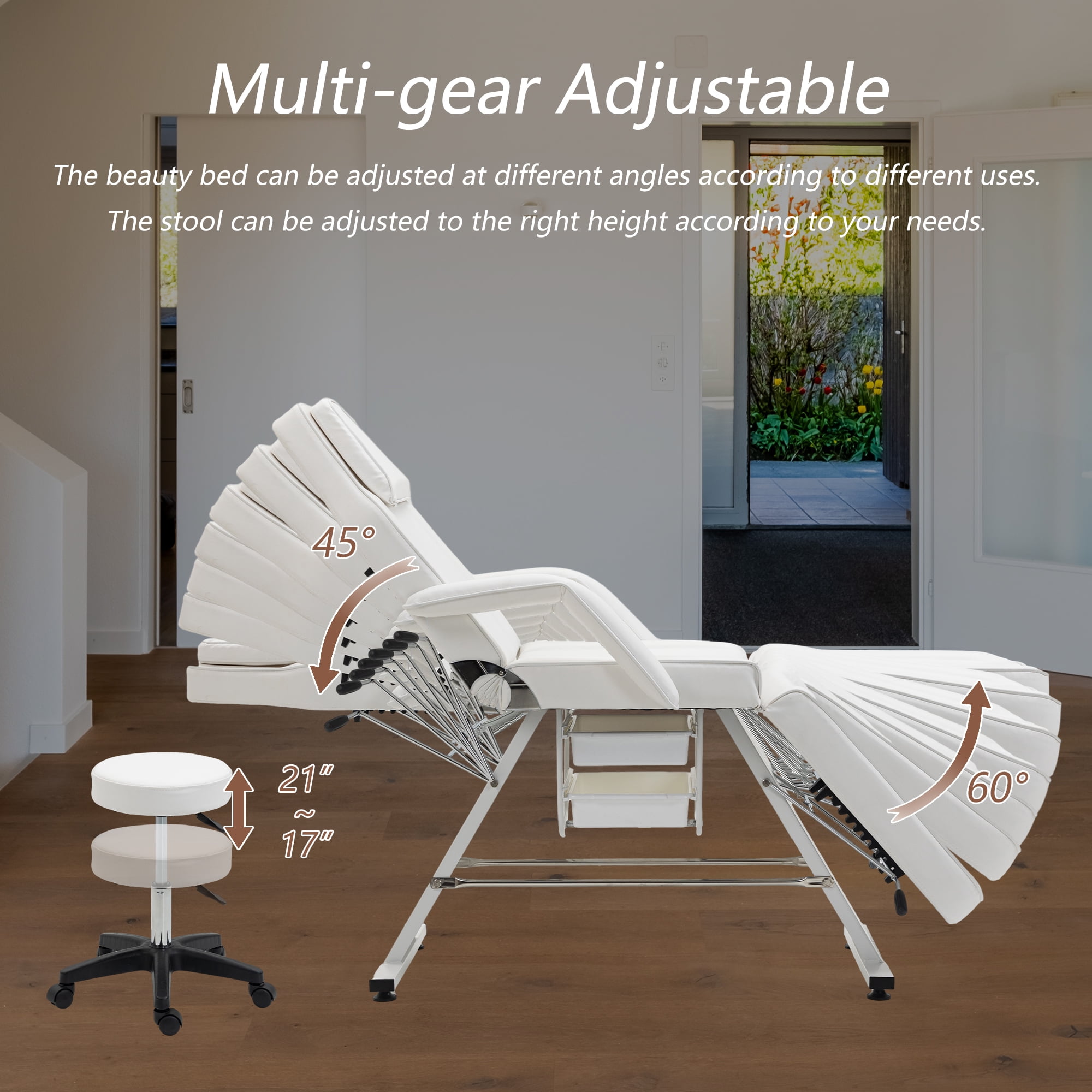 Miniyam 72.7" x 24.4" x 27.6" 3-in-1 Massage Bed & Tattoo Chair – 2 Trays, Hydraulic Stool, Adjustable 3 Sections – for Facial, Beauty, Barber – White