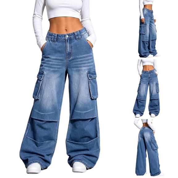 UKHCCC Wide Leg Jeans for Women High-Waisted Stretch Cotton Cargo with Pockets Denim Pants Casual Loose Fit Y2k Baggy Trousers Streetwear XS-XL