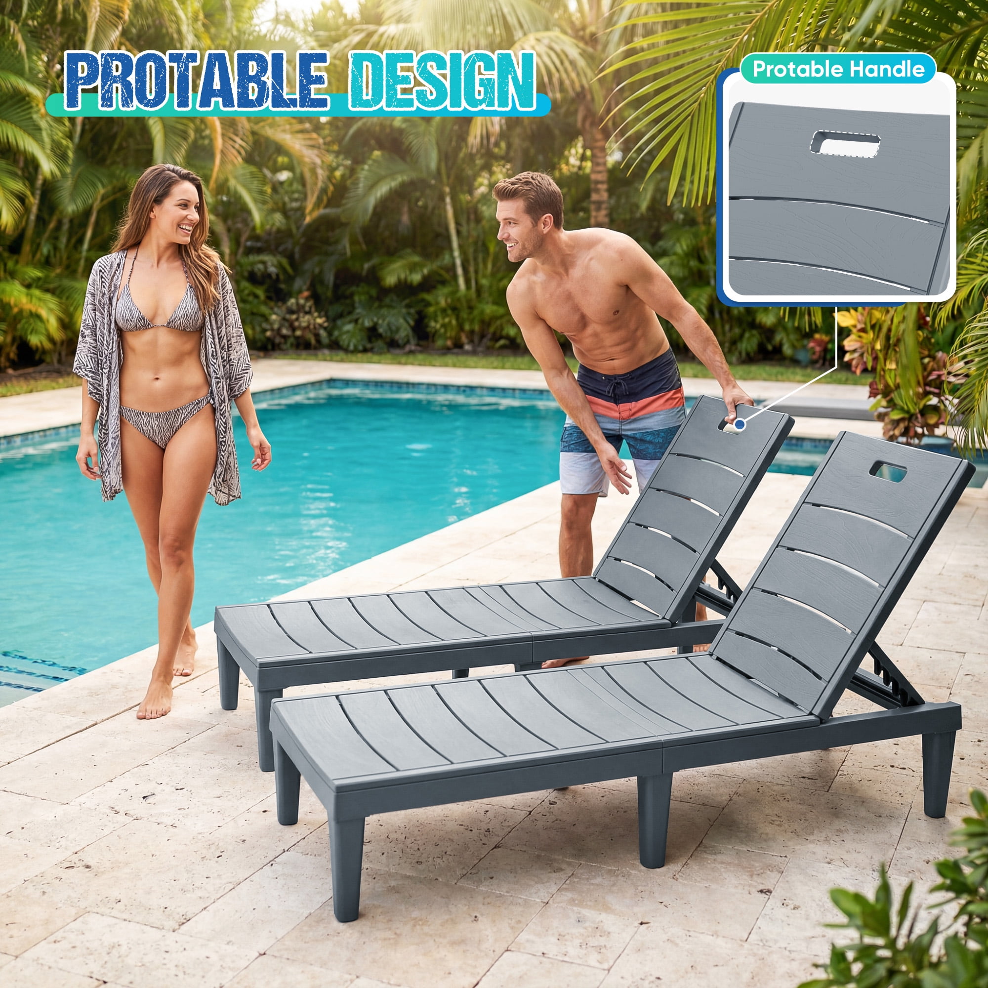 Vineego Set of 2 Patio Outdoor Chaise Lounge Chair Recliner with Adjustable Backrest, Gray