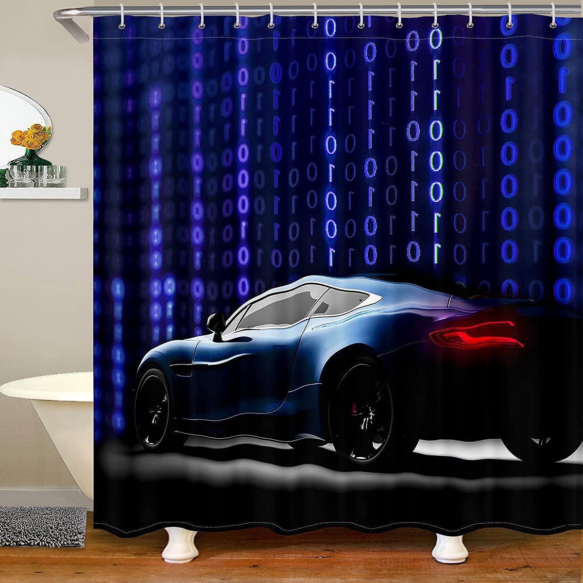 Blue Racing Car Shower Curtain 72"W x 84"L Kids Sports Car Bath Curtain