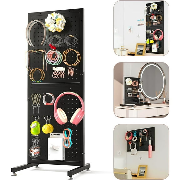 Ztysn Metal Pegboard Shelf,Peg Board Display Wall Mount with 24 Hooks,Portable Home Desktop Jewelry Hair Accessories Rack Organizer,Retail Display Rack for Phone Shop Store/Black