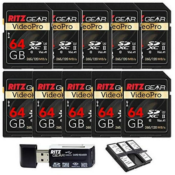 Ritz Gear 64GB V60 4K U3 MicroSDXC Memory Card 10-Pack with Card Reader and Vivitar 12 Compartment Memory Card Holder