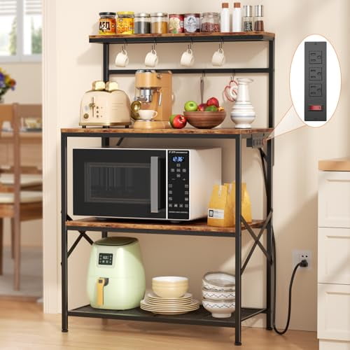 Microwave Oven Stand with Power Outlets 4 Tiers Kitchen Bakers Rack with 8 S Hooks, Adjustable Shelf