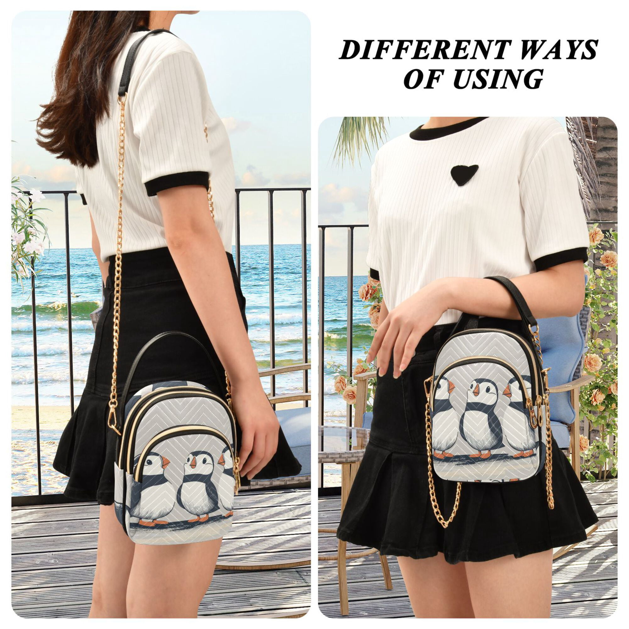 FORMRS Crossbody Bag for Women Quilted Travel Shoulder Cell Phone Purse with Chain Strap Handbag, Cute Puffin