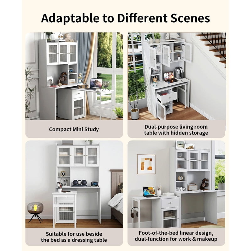 Computer Desk with Hutch and Glass Doors, Office Desk with 90 Degree Rotating Desktop, Writing Table Large Workstation with Bookshelf and 1 Drawer
