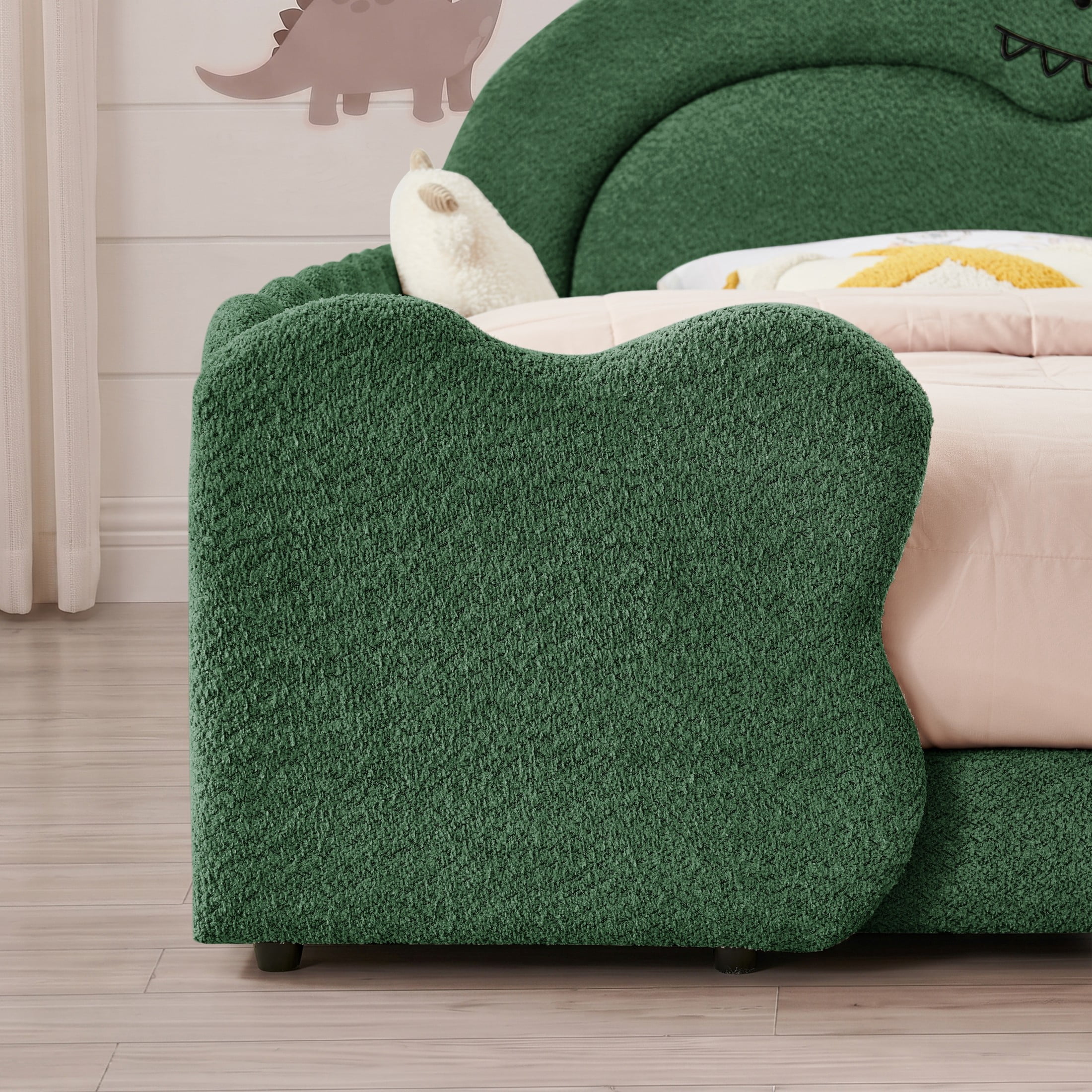 GDF Studio Full Size Cute Dinosaur Bed with Safety Guardrails & Solid Wood Frame, Boucle Fabric Upholstered Bed, Green