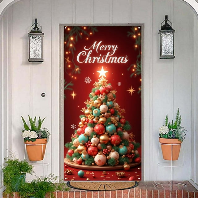 BotaniNest Décorations de Rideau de Porte Rouge Bannière de Porte d'Entrée Joyeux et Train Décorations Extérieures et Années Décorations de Fête d'Hiver Entrée Porche