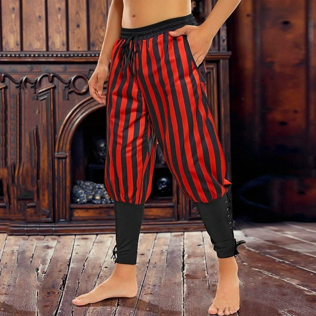 Ceisia Men's Gift All-Season Pirate Pants - Striped Patchwork Drawstring Leggings Medieval Halloween Casual Long Pants