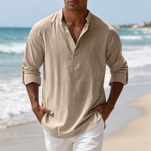 LEKWK Casual Henley Shirts for men Long Sleeve Cotton Linen Band Collar Button Down Beach Tops Lightweight Summer Vacation Pullover Regular Fit Daily Lounge Wear Khaki S