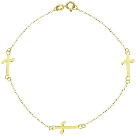 American Designs 14kt Yellow Gold Diamond-Cut Triple Cross, Religious, Station Bracelet 7.25 Chain
