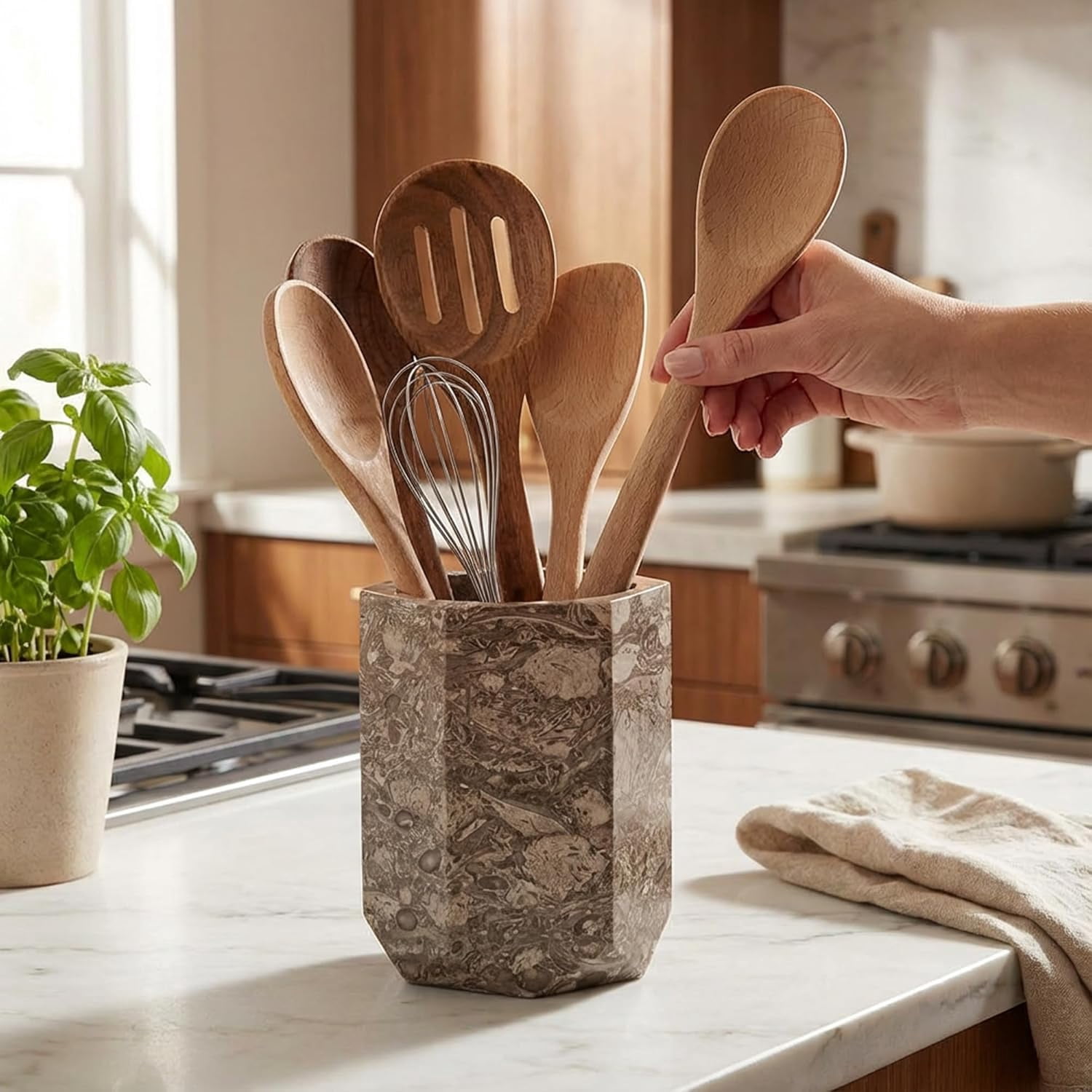 Elborse Marble Utensil Holder 6.5 inches Oceanic Handmade Spatula Set for Kitchen Counter, Ideal Cooking Utensils Jar & Kitchens Essentials Organizer, Utensil Caddy & Spoon Holder