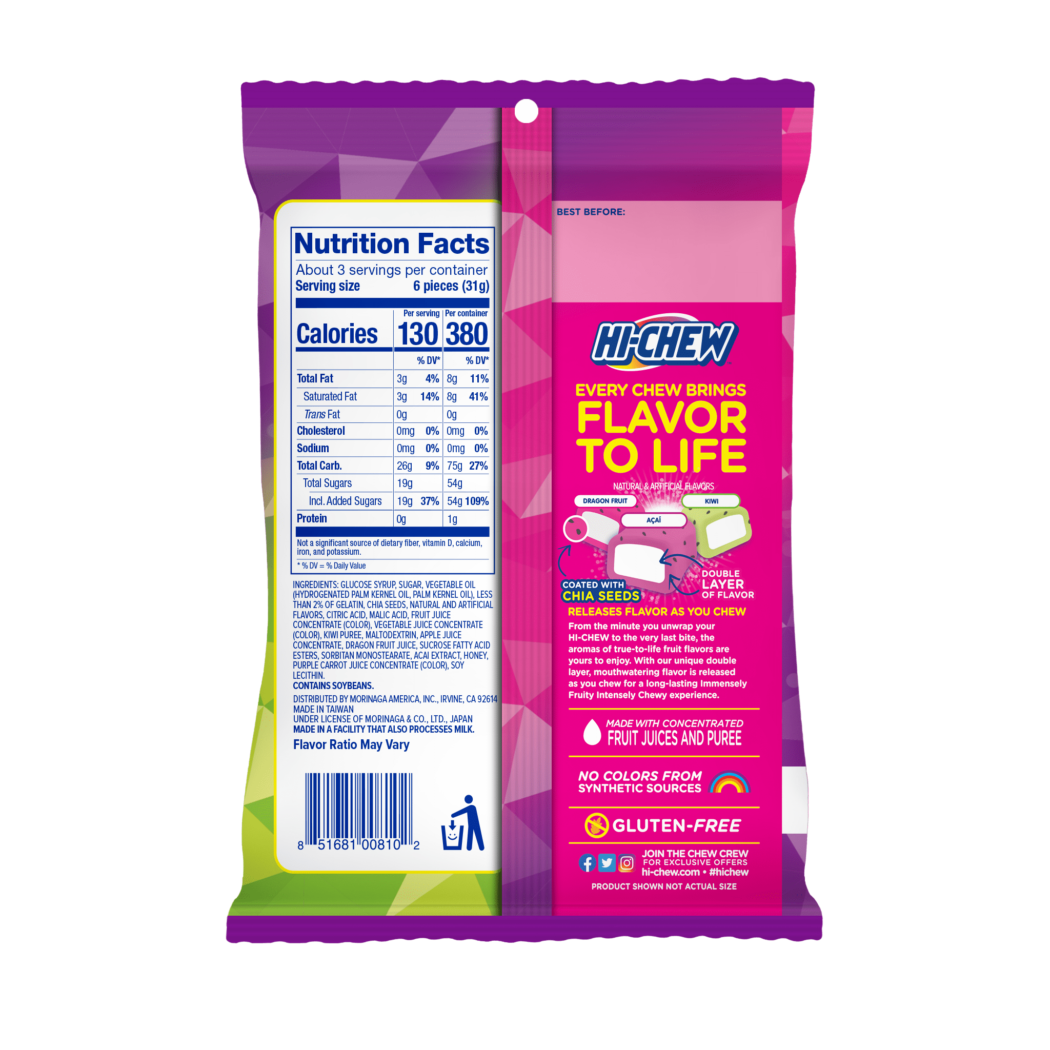 HI-CHEW Superfruit Mix, 6 Bags, 3.17oz each - Kiwi, Acai, Dragonfruit - Unique Fun Soft & Chewy Candy - Immensely Juicy Fruity Candy Flavors, Individually Wrapped for Sharing