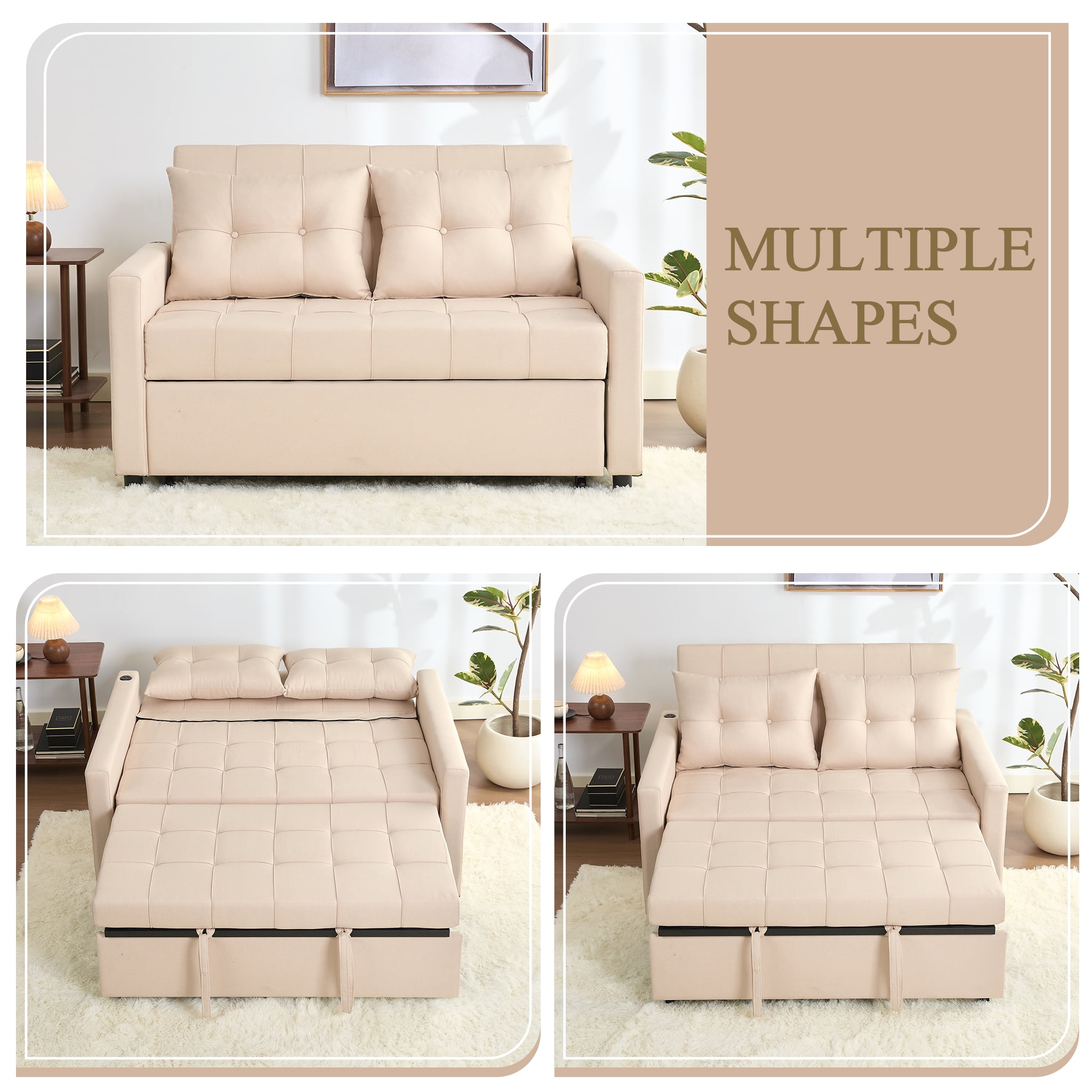 LAKPS 52" Linen 3-in-1 Convertible Sleeper Sofa with Pull-Out Bed, Stepless Adjustable Backrest & Side Pocket - for Family, Living Room, Dorm, Apartment, Linen, White