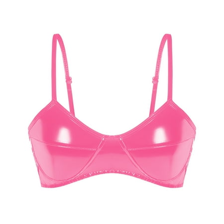 Black Womens Lingerie Fashion Wetlook Faux Leather Bra Sexy Wire-free No Pad Bra Top for Women for Raves Dances Clubwear