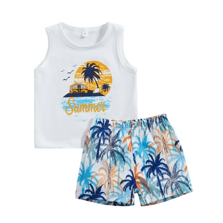 

Musuos 2Pcs Baby Boy Sleeveless Tank Tops Palm Print Summer Beach Shorts Set