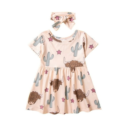 

Kids Toddler Baby Girls Short Sleeve Cute Cartoon Yak Print Summer Princess Dress With Headbands Outfits Set 2PCS Monogrammed Clothes for Girls