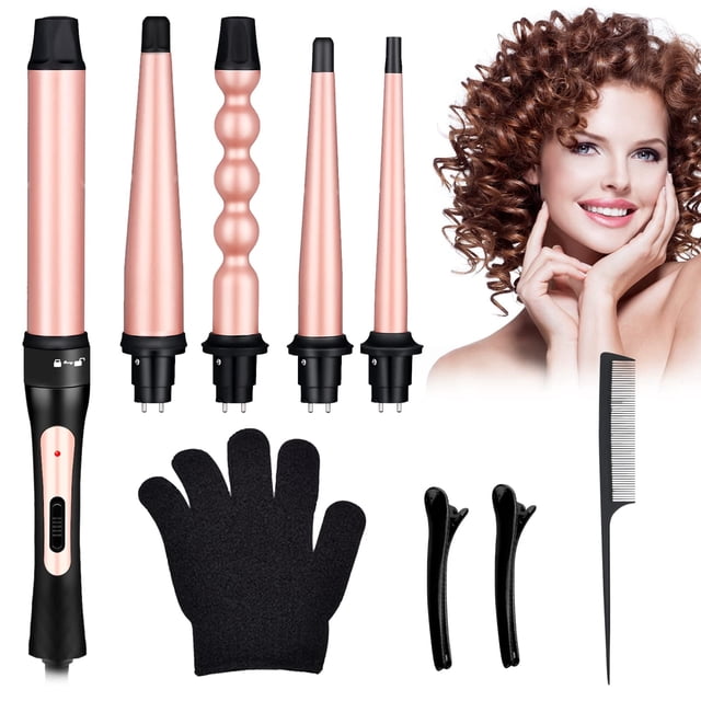 Juego Rizador de Pelo 5 en 1, Rizadora Profesional, Intercambiable con Revestimiento de Cerámica, Calentamiento Rápido y Temperatura Ajustable, Ondulado para Rizos Grandes, Media