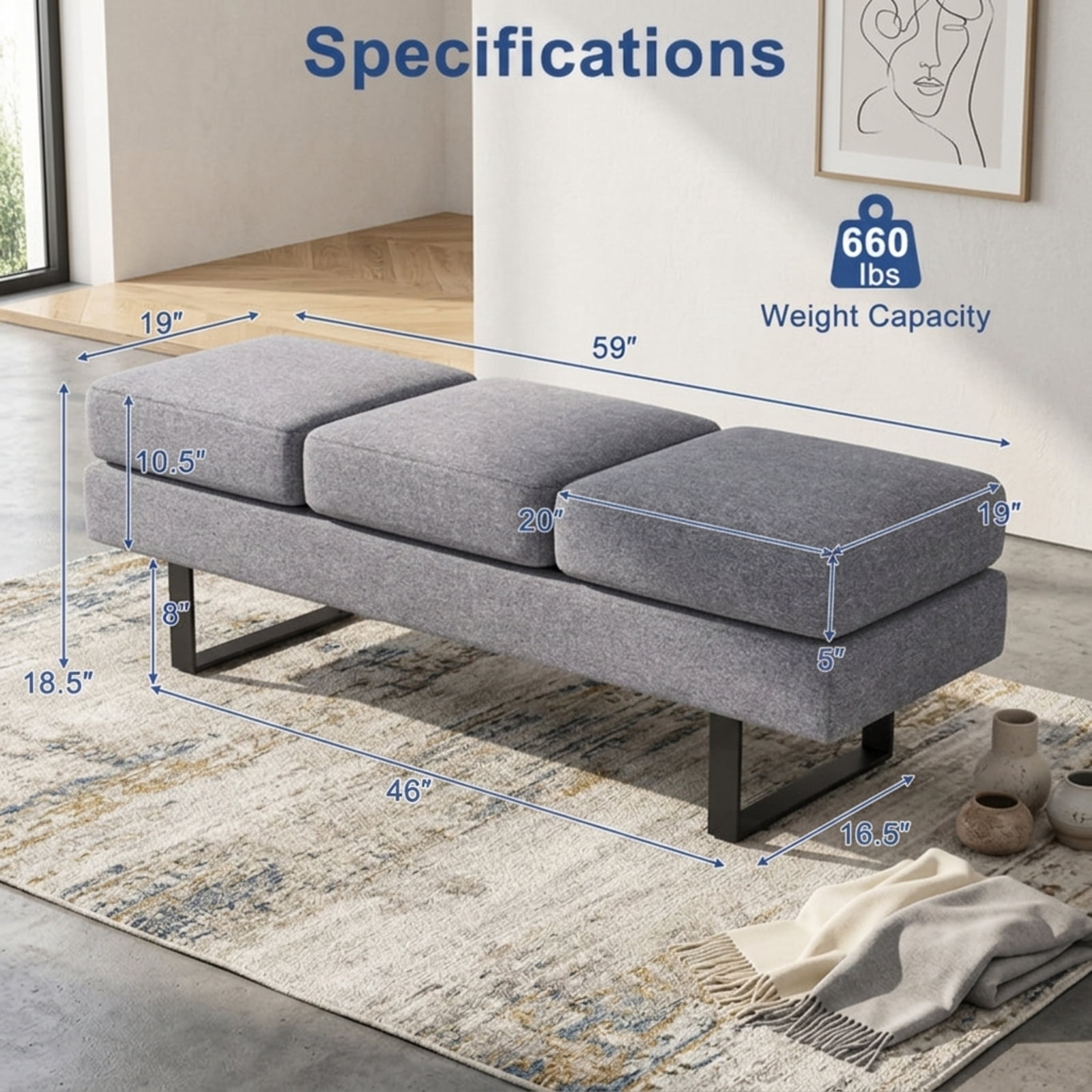 Furnibear 59 Inch Waiting Room Bench with Removable Faux Linen Cushions and Heavy Duty Metal Frame for Reception Office Lobby Long Seating, Gray