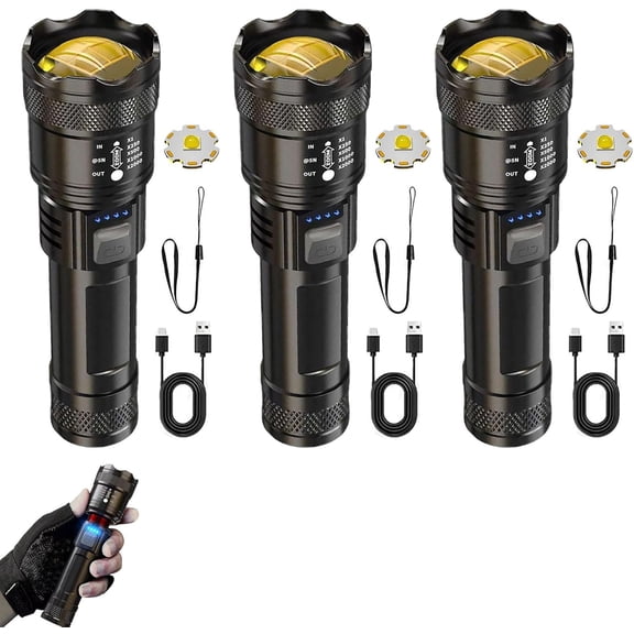 Super Strong Light Zoomable Flashlight, High Lumens Waterproof Rechargeable LED Super Bright Flashlight, 3 Mode Multi-Functional Strong Flash Light High Beam, Emergency Home Camping (3PCS)