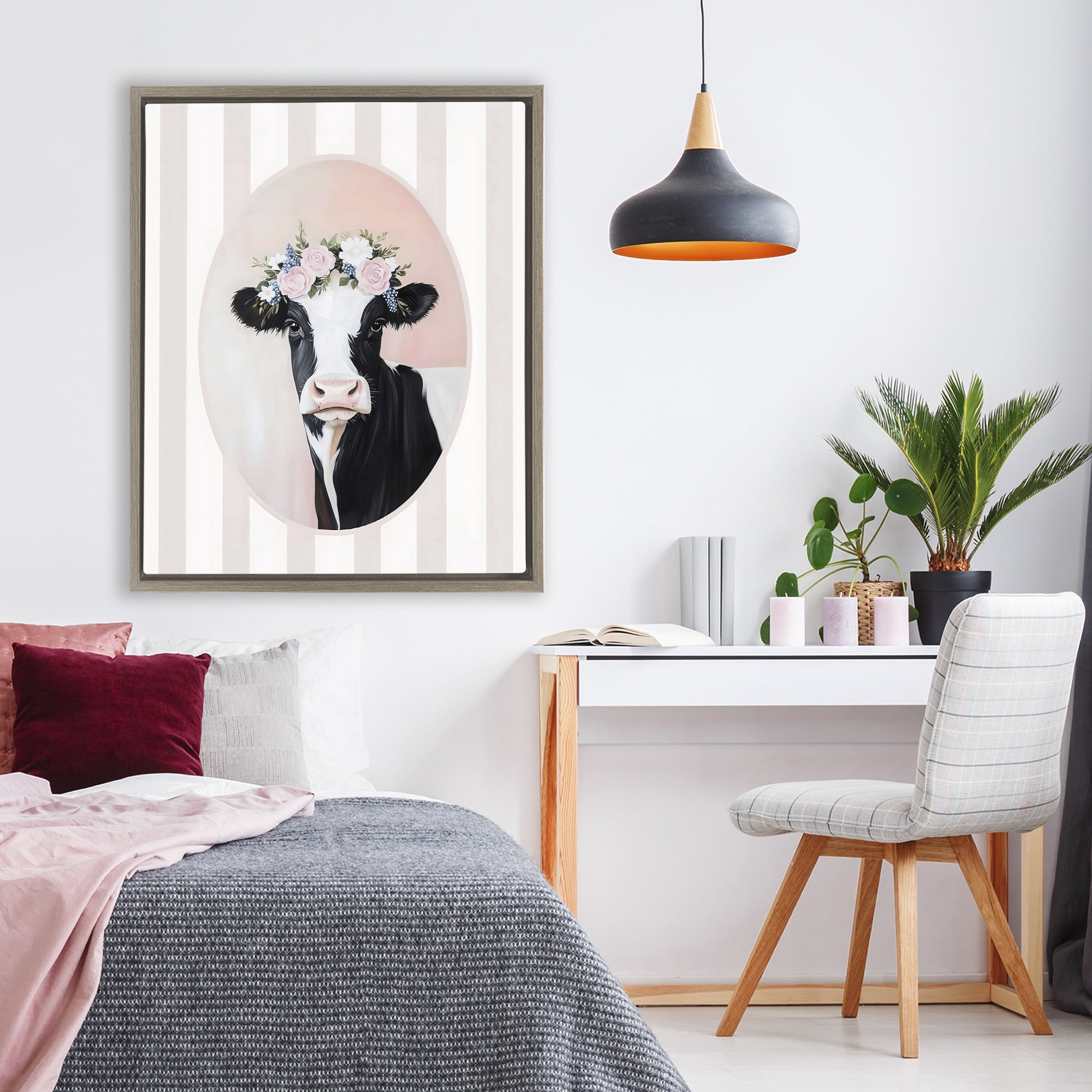 Stupell Industries Soft Cow with Floral Crown Brown Framed Floater Canvas Wall Art, design by Arlington Prints