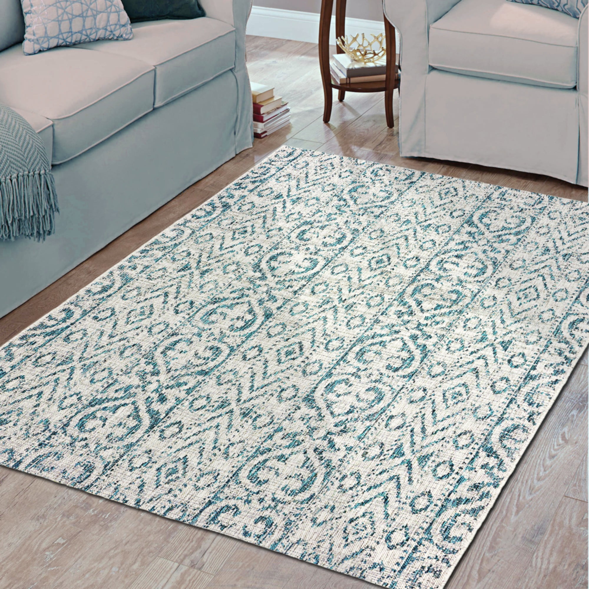 Laddha Home Designs 1.75' x 3' Entwined Geometric Indoor Outdoor Area Throw Rug - Blue and Gray